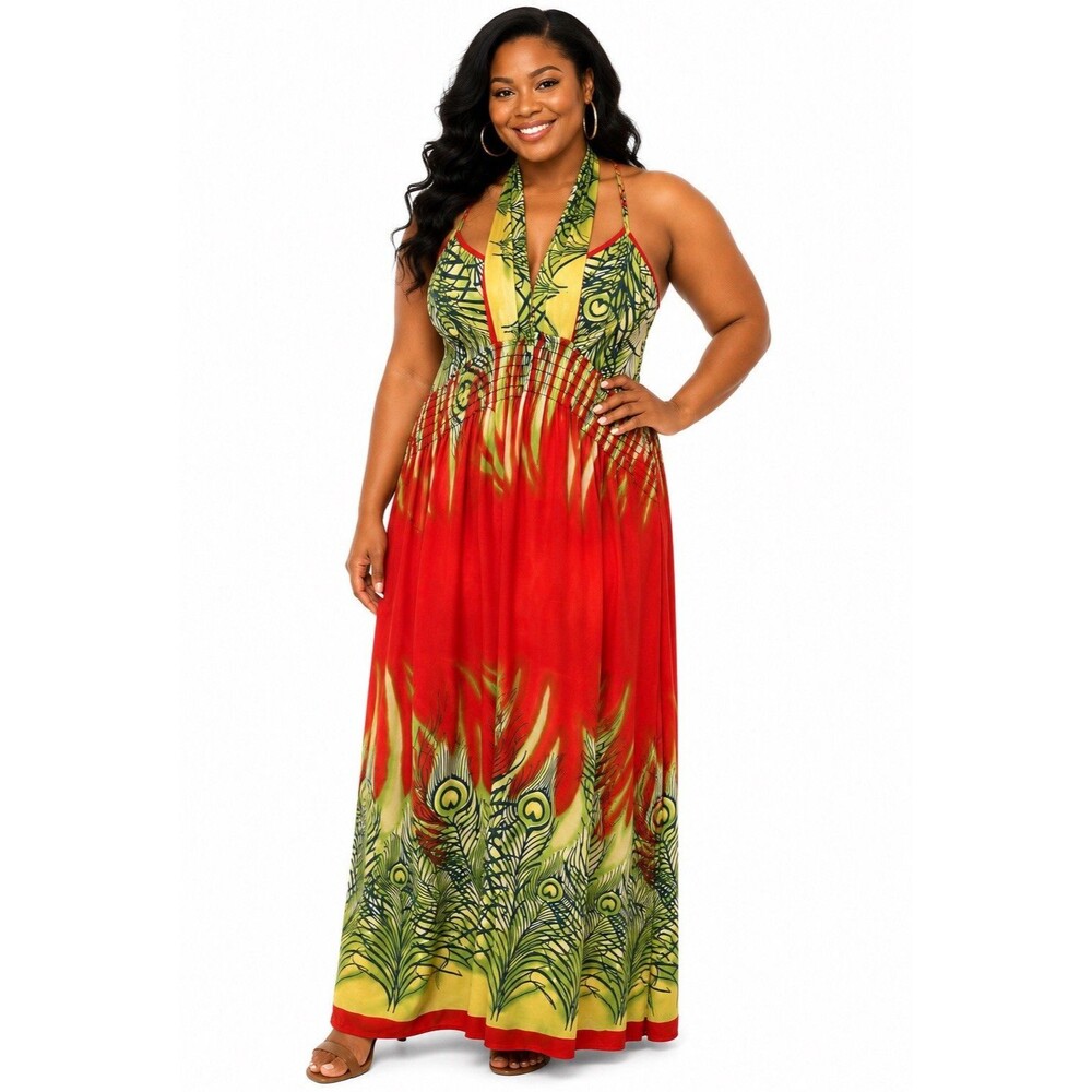 C.S. Signature Red/Green Peacock Print Chiffon Maxi Dress 4X Plus Sleeveless